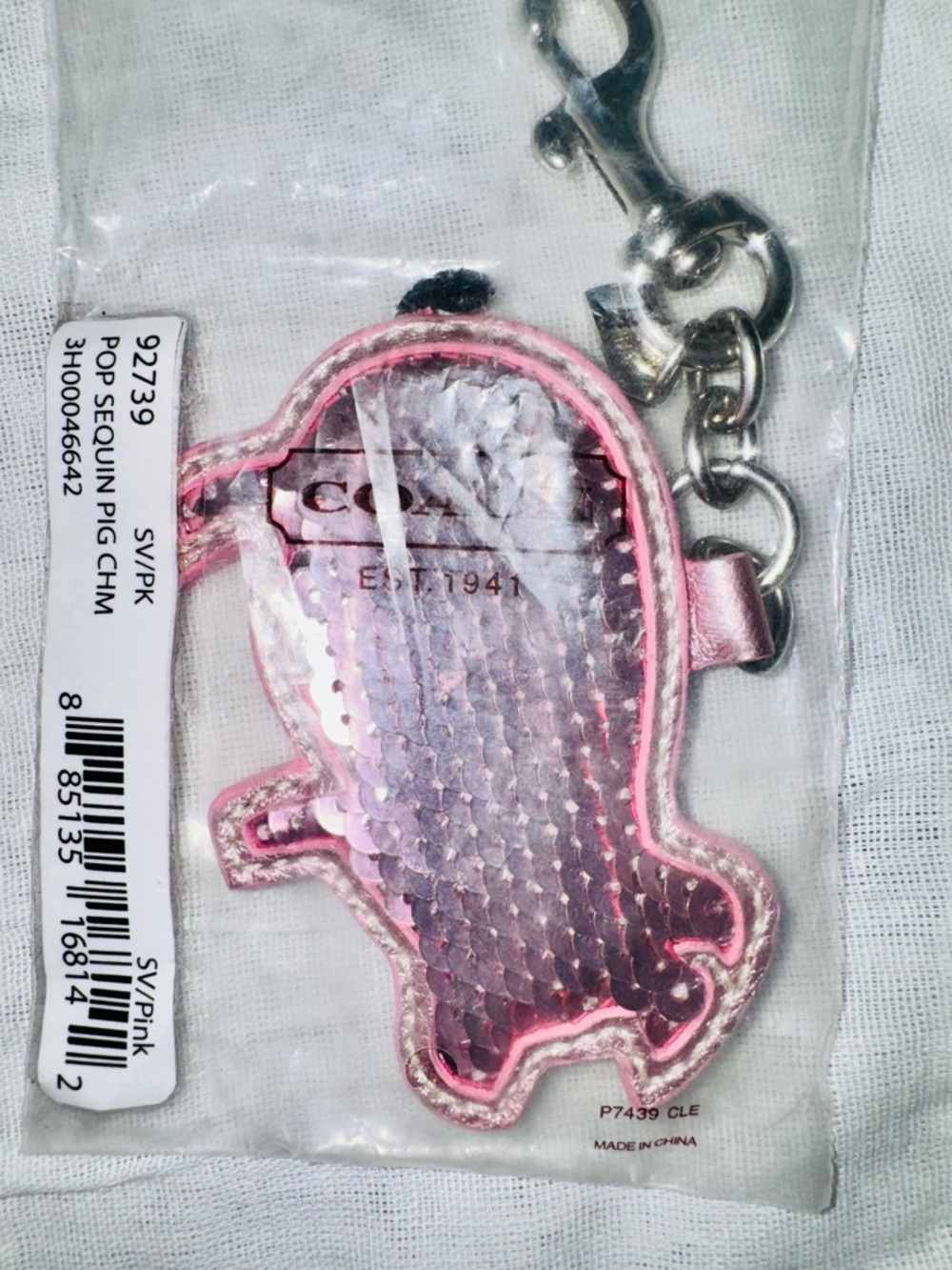 Coach Poppy Pig Bag Charm Keychain with Silver Hardware Pink Sequin - New in Bag - Picture 9 of 15